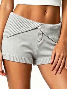 Shorts de punto para mujer, corte ajustado informal, elegantes, de color liso, con botones, elástico acanalado y tiro bajo. - Gris - Ver 7