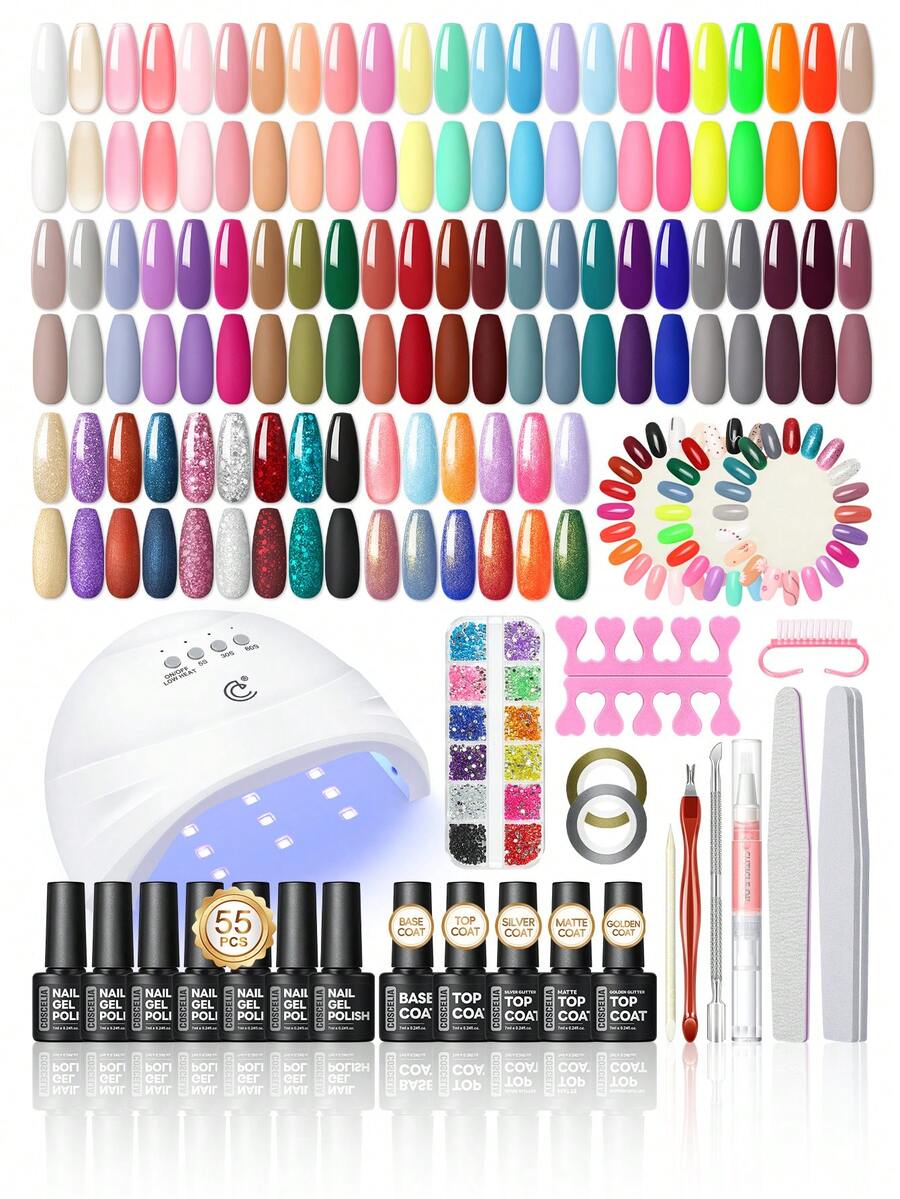 COSCELIA 60PCS Gel Nail Polish Kit With Nail Lamp For Beginners Matte Glitter Nail Gel Polish Kit And Base And Top Coat Nail Manicure Kit Gifts For Women - 美規A型插(110-127V) - 查看 1