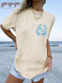 2026 Tropical Vacation OutfitsIf Crabby Please Return To The Beach Double Sided Crab Graphic Tee, Coastal Aesthetic Graphic Tees Women, Summer Fits F - 杏色 - 查看 2