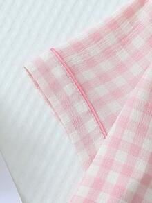 Set de 3 piezas de pijama cómodo y ligero con camisa de manga corta de cuello con botones a cuadros y shorts con lazo, adecuado para uso en casa, primavera/verano - Multicolor - Ver 4