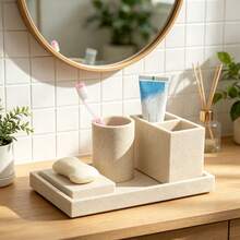 Bộ phụ kiện phòng tắm, Bộ tủ lavabo họa tiết đá sa thạch, Bình đựng xà phòng cầm tay, Cốc đựng xà phòng, Khay đựng xà phòng, Khay đựng bàn chải đánh răng - màu cát - Xem 4