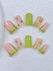10pcs Y2K Nails Chic Duckbill Press On Nails Set - Handcrafted, Pink Nails, Green Nails, Green French Tip Nails, Handmade 3D Green Star And Gold Pattern, Hand Drawn 3D Water Droplet Pattern And Green French Tip Style Design, Sparkling Green Rhinestone Decoration, Delicate Graceful Nails - Multicolor - View 11