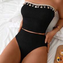 Swim Spring Break Women 2pcs Racerback Tankini Swimsuit Set, Textured Fabric With Shell & Starfish Decor, High-Waisted Swim Bottoms For Adults Beach For Summer Beach Vacation - Blanco - Ver 2