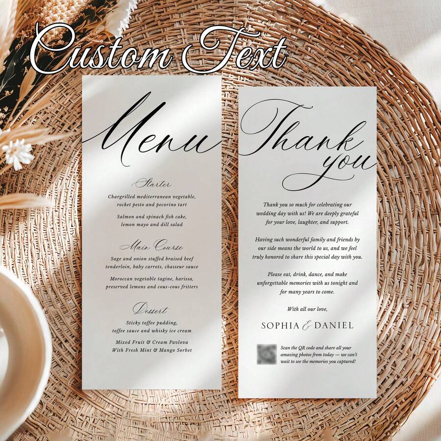 Custom Elegant Minimalist Wedding Menu, Personalized Modern Calligraphy Dinner Menu, Editable Wedding Reception Menu, Minimalist Wedding Menu Card, Custom Menu Template, Elegant Wedding Supplies, Wedding Reception Menu, Engagement Party Menu, Bridal Shower Menu, Anniversary Dinner Menu, Customizable Menu Design - Multicolor - View 1