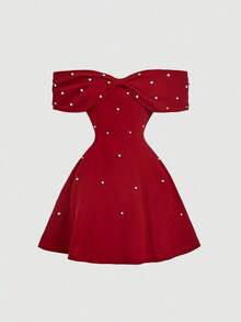Vestido mini de fiesta rojo elegante para mujer, con diseño de hombros descubiertos, corte entallado favorecedor y falda amplia.Decorado con lazo frontal y adornos de perlas delicadas, ideal para citas y ocasiones especiales. - Blanco - Ver 8