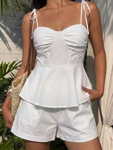 Look Polly 女士夏季白色系带两件套，收腰荷叶边吊带背心搭配收腰短裤，沙滩度假休闲装 - 白色 - 查看 7