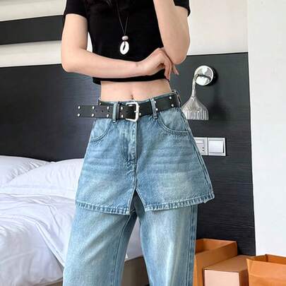 1条女士朋克风正式黑色真皮腰带，简约时尚百搭腰带，可搭配牛仔裤、连衣裙、休闲装或工作装，复古设计腰部配饰