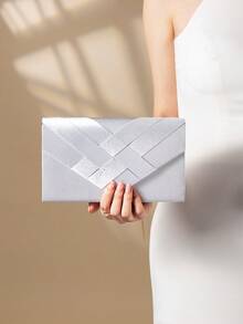 Fashion Satin Trim Evening Clutch Handbag Envelope Shoulder Bag - Silver - View 5