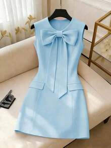 Vestido de mujer de unicolor, cuello redondo, ajustado, con lazo delantero y sin mangas - Azul - Ver 4