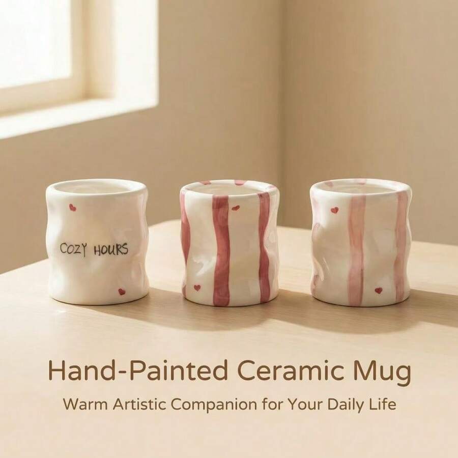 1 pieza Taza de cerámica con asa minimalista con rayas en forma de corazón, 280ml/9.52oz, taza de latte pintada a mano, taza de viaje, taza de agua minimalista europea, taza de espresso, regalo para el Día de la Madre/Día del Padre - Blanco - Ver 1