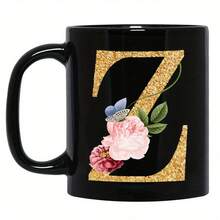 1pc Gold Letter & Floral Print Ceramic Coffee Mug, Beautiful & Practical Gift For Women, Girls, Office, Home Use - Black - View 9