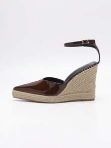 Giày sandal đế xuồng quai chữ T bằng da bóng màu nâu, kiểu dáng cổ điển Pháp, hở mũi, gót chunky, thiết kế độc đáo, tôn dáng, thanh lịch, phù hợp cho đi làm, hẹn hò, đa năng cho nữ mùa hè. - màu nâu - Xem 1