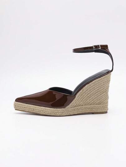 Brown Patent Leather T-Strap Woven Platform Wedge Sandals, Retro French Style One-Buckle Open Toe Chunky High Heel Shoes, Niche Design Flattering Slim Chic Commute Date Versatile Women Summer Sandals