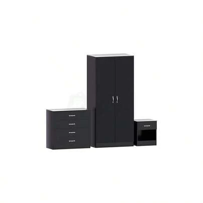 Bedroom Set Furniture Modern Black (Wardrobe, Chest Of Drawers, Bedside)