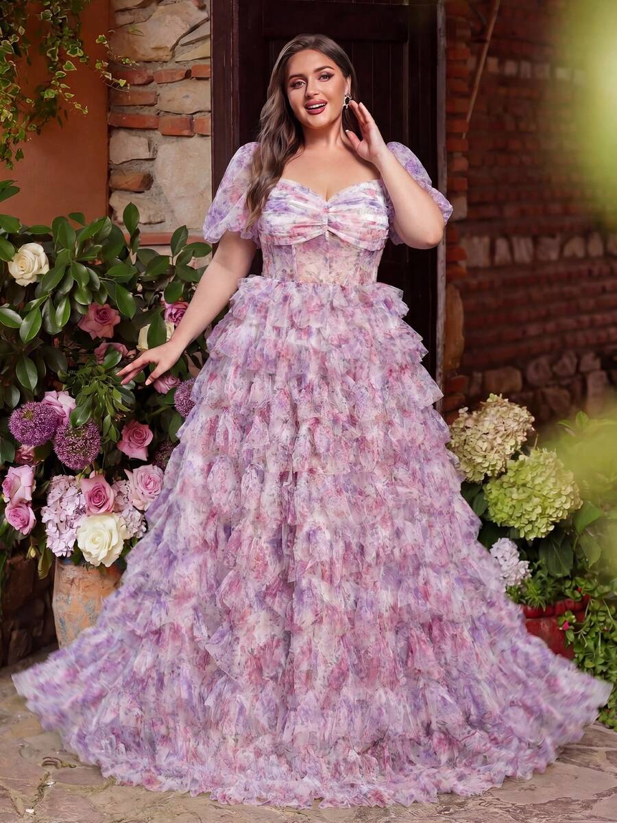 大码优雅舞会礼服，长款花卉荷叶边网纱甜心领泡泡袖浪漫派对礼服，适合春季婚礼、花园派对等场合。 - 紫色 - 查看 1