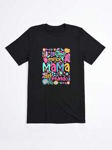 Camiseta Negra La Mejor Mama Del Mundo con Flores Coloridas para Mujer Casual - Negro - Ver 2