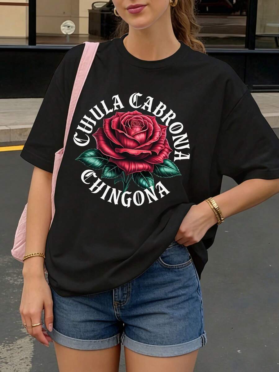 Camiseta Negra con Rosa y Texto Chula Cabrona Chingona para Mujer Estilo Casual - Negro - Ver 1
