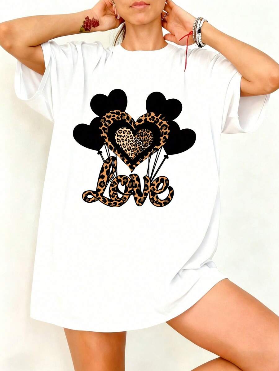Camiseta Blanca con Estampado de Leopardo y Corazones Love para Mujer Casual - Blanco - Ver 1