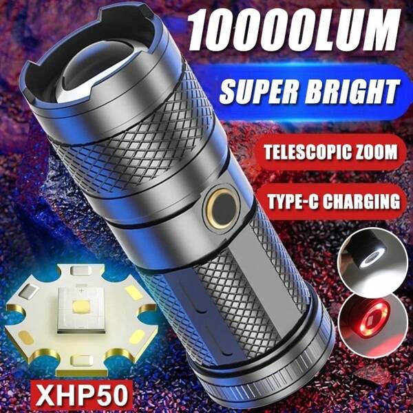 Super Bright 10000 Lumens XHP50 LED Tactical Flashlight Telescopic Zoom Pocket Torch With Type C Fast Charging Multi Function Tail Ring White And Red Light For EDC Camping Hiking Emergency Outdoor Gear