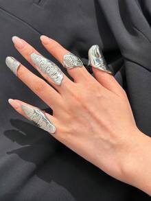 5件套不对称褶皱纹理指节戒指，神秘艺术小众饰品，男女皆宜，适合派对、宴会、度假佩戴、送礼（非定制款，不适用于每个人的骨骼尺寸） - 多色 - 查看 2