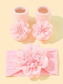 1pc Nylon Soft Princess Floral Headband + 1 Pair Baby Non-Slip Floor Socks, 2pcs/Set Love Valentine - Baby Pink - View 4