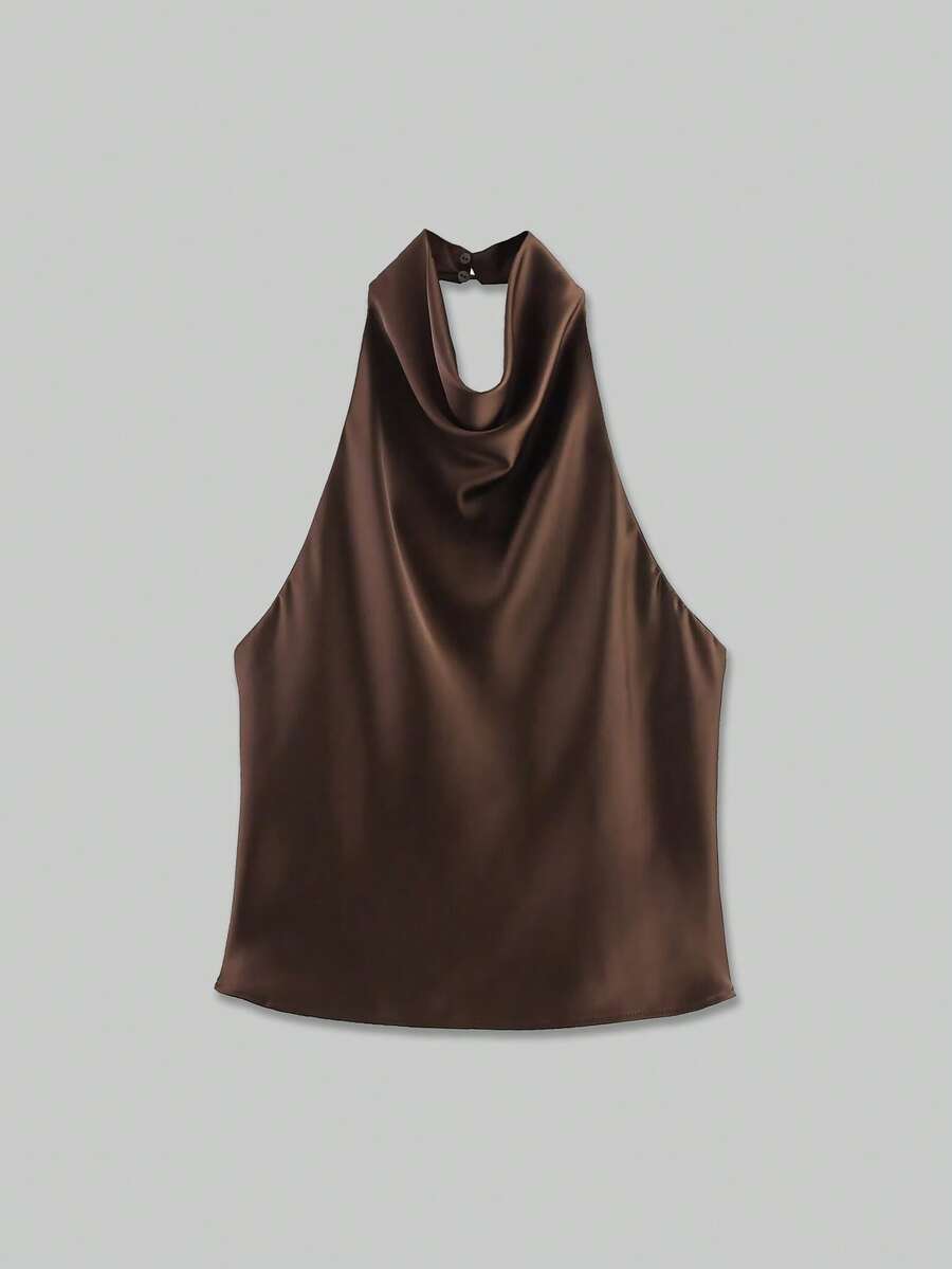 YROOE Women's Minimalist Versatile Satin High Neck Camisole, Spring/Summer - Coffee Brown - View 1