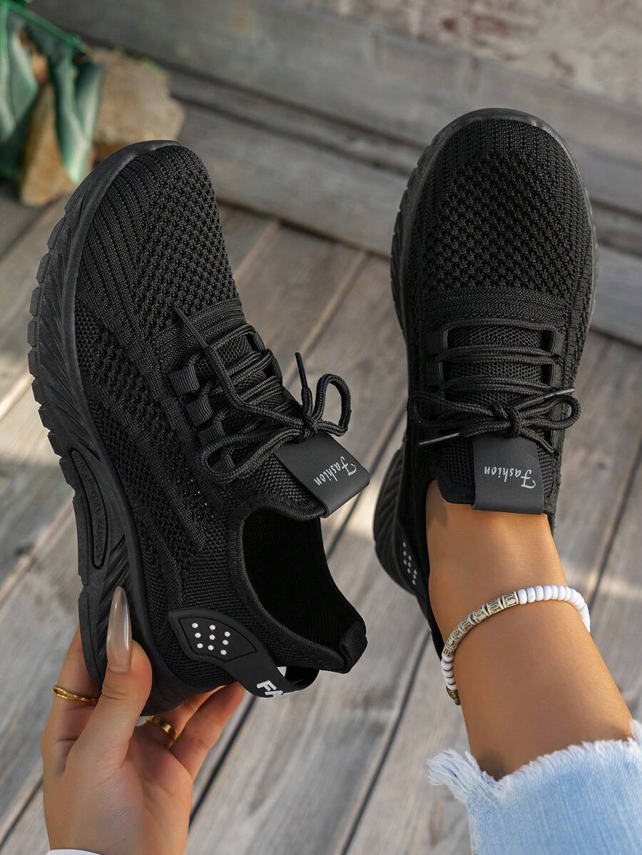 Breathable Mesh Sneakers] Lightweight Breathable Mesh Sneakers - Non-Slip EVA Sole, Comfortable Ankle Support, Lace-Up Low-Top Running & Tennis Shoes For Men And Women, Retro Style, All-Season Wear, Fitness Wear - 黑 - 查看 1