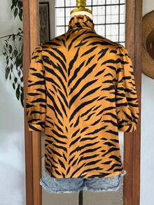 Áo sơ mi nữ dáng rộng thoải mái mùa xuân/hè với tay chuông và họa tiết da báo. - Màu vàng - Xem 5