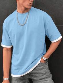 Men's Summer Fashionable Versatile T-Shirt, Contrast Color 2 In 1 Design, Regular Crew Neck, Breathable Knit Fabric, Suitable For Daily Wear - Baby Blue - View 4