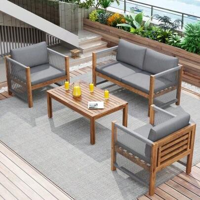 Lounge Set, Garden Furniture Set, With Comfortable Cushions, Seating Group, Patio Furniture Set, Double Sofa, 2 Armchairs And Table, Outdoor, Table And Chairs, Rattan Look, Acacia, Grey