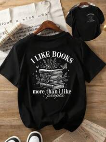 "I Like Books, More Than I Like People" Printed Front And Back Short Sleeve Summer T-Shirt - Women's Casual Crew Neck Top - Women's Clothing, Relaxed Fit, Classic Summer Design - Black - View 2