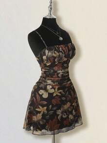 Vestido mini halter retro estampado otoñal con pliegues para mujer - Blanco - Ver 9