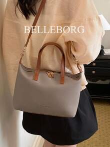 Bolso de mano grande, ligero y minimalista con textura de lichi para mujer - Gris - Ver 6