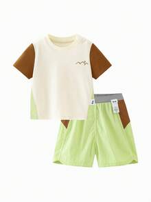 mini bala 2026夏季男童快乾運動拼色短袖T恤短褲套裝，透氣，適合戶外跑步與學校活動 - 黃綠 - 查看 1