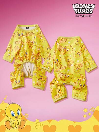 LOONEY TUNES X PETSIN 1件可爱黄色小鸟卡通图案印花宠物猫狗通用四脚套弹力舒适狗狗连体衣