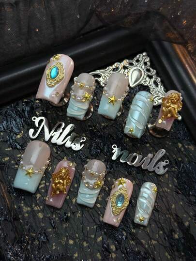 10pcs Square Nail Set, Mint Blue Nails, Mint Blue French Nails, Hand Drawn Three-Dimensional Transparent Water Waves, Pink Tie Dye, 3D Blue Gemstones&Gold Carved Borders&Starfish&Pearls&Angels&Gold Diamonds And Other Nail Accessories, Summer Ocean Beach Fresh And Sweet Style, Y2K Style Nail Art Set,Suitable For Women To Wear Daily Parties Valentine's Day (Includes: A Piece Of Jelly Glue And A Friction Strip)