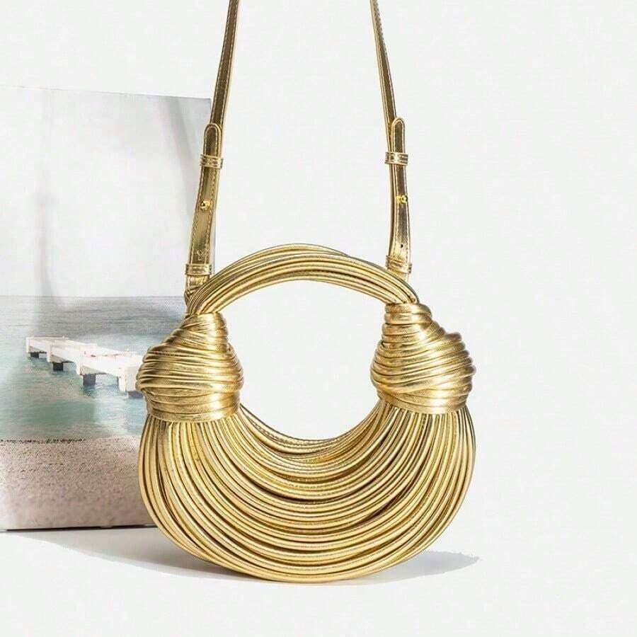 Popular Personalized Woven Handmade Bends And Hitches Packs Ramen Dumplings Clouds Women Hand-Carrying Crossbody Bag,Chic Circular Woven Handle Bag - Metallic Gold Finish, Stylish Party Accessory Hand-Woven Bread Women's Clutch Top Handle Satchel Shoulder Crossbody Creative Noodles Purses Underarm Bag Handbag - Vàng - Xem 1