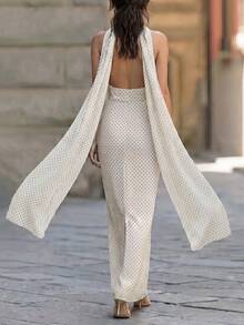 Women's Retro French Polka Dot Halter Maxi Dress, Made Of Beige Chiffon Fabric, With High Collar Halter Neck, Deep V-Cut And Flowing Tie, Suitable For Vacation Or Summer Atmosphere Outfit White - White - View 2