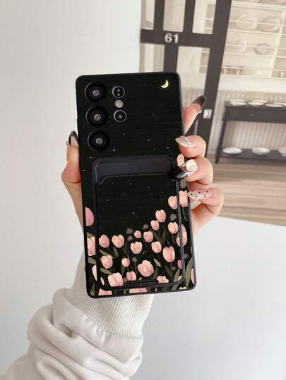 1pc Black TPU Night Starry Tulip Pattern Artistic Protective Phone Case And 1pc Black Tulip Pattern Adhesive Card Holder 2-In-1 Fashionable Versatile Creative Personalized Full Coverage Phone Case, Suitable As Birthday/Holiday/Anniversary Gift For Girlfriend/Boyfriend, Best Friend, Spouse, Partner, Family, Coworker, Student, Teacher, Fits For Apple/Android/ Phones