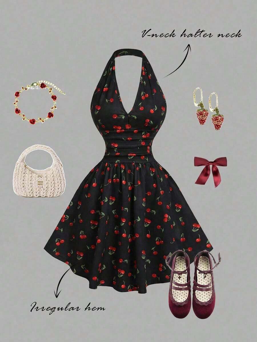 Vestido mini elegante estampado de cerezas con cuello halter, espalda descubierta y cintura fruncida, estilo dulce ideal para fiestas, vacaciones playeras y citas de primavera y verano - Rojo y negro - Ver 1