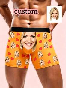 1 chiếc quần lót nam kiểu boxer in hình trái tim đỏ theo yêu cầu, màu đen, co giãn, thoáng khí, ngộ nghĩnh, cá nhân hóa, thích hợp làm quà tặng/kỷ niệm. - Nhiều màu - Xem 1