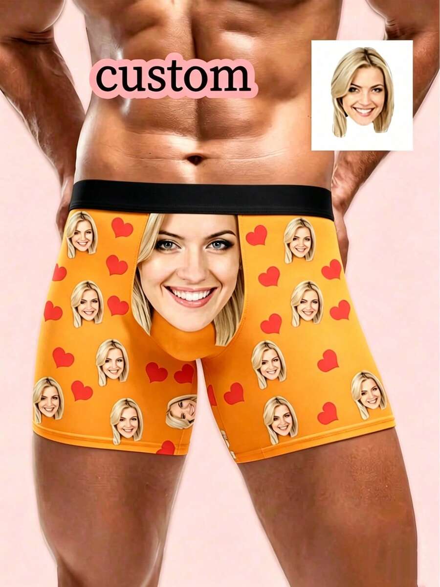 1 chiếc quần lót nam kiểu boxer in hình trái tim đỏ theo yêu cầu, màu đen, co giãn, thoáng khí, ngộ nghĩnh, cá nhân hóa, thích hợp làm quà tặng/kỷ niệm. - Nhiều màu - Xem 1