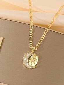 1pc 14K Gold Plated Copper Vintage Religious Personalized Cross Figaro Chain Necklace, Exquisitely Crafted With Superior Quality, Blending Sacred Elements With Fashion Design, Specially Made For Catholic First Communion And Baptism Gifts, Suitable For Various Occasions, Conveying Faith And Beauty - Yellow Gold - View 2