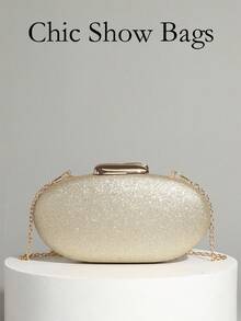 French Style Glitter Oval Clutch Bag, Niche Design Luxury Evening Box Purse For Women, Chic Party Handbag - Gold - View 8