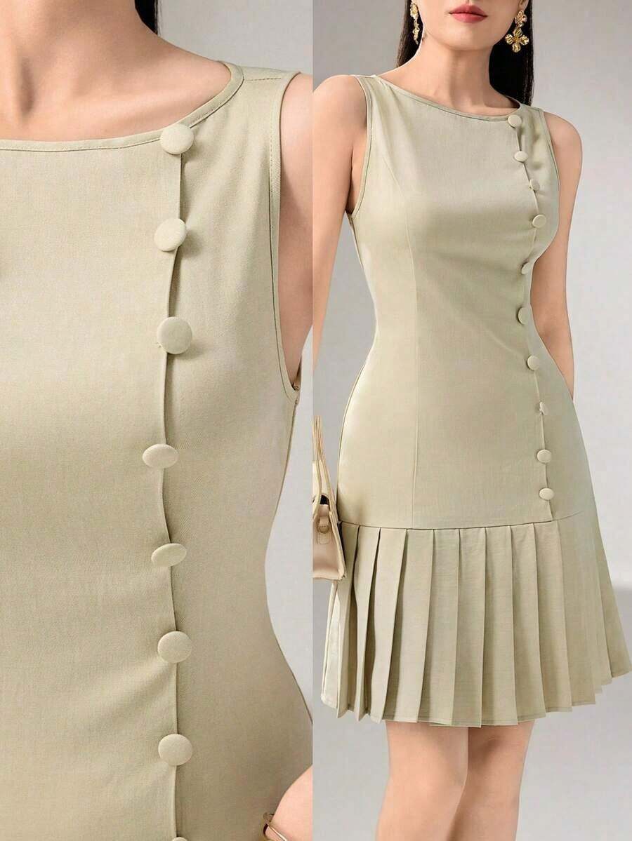 Vestido corto elegante de unicolor con dobladillo plisado y sin mangas - Caqui - Ver 1