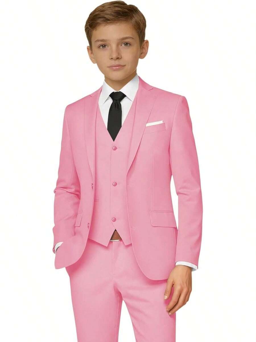 2026 Boys 5-Piece Formal Suit Set, Kids Wedding Communion Easter Tuxedo, Jacket Vest Pants With Shirt And Tie, Gentleman Formal Outfit - 粉色 - 查看 1