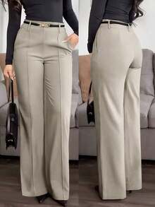 Pantalones rectos de tela de traje con bolsillo con cremallera de unicolor Jessfin, sin cintura, elegantes para la oficina, casuales y versátiles, para primavera/verano - caqui claro - Ver 7