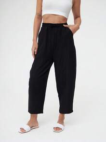 Women High Waist Drawstring Harem Pants Loose Fit Lightweight Summer Casual Trousers - Black - View 4