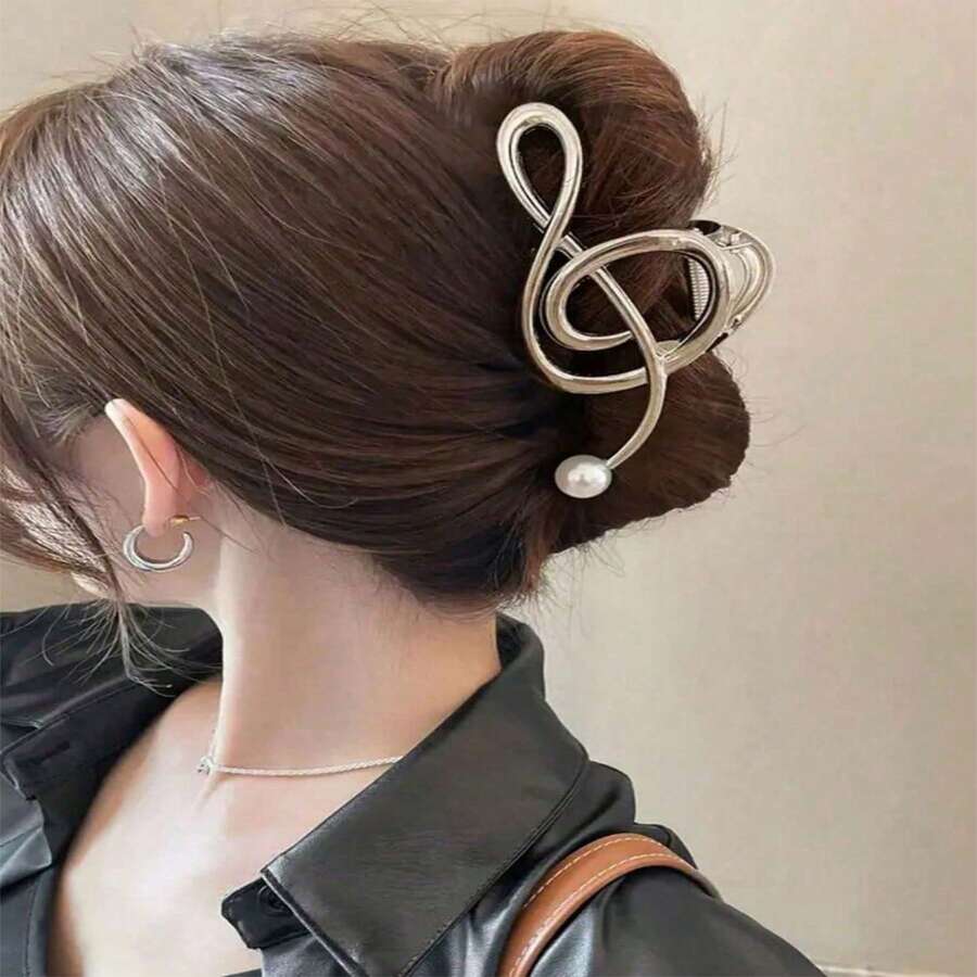 1 chiếc kẹp tóc kim loại lớn đính ngọc trai (Vết xước nhỏ là bình thường) - Bạc - Xem 1
