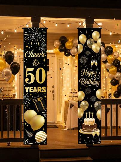 一套 20、30、40、50、60、80 岁生日祝福对联和横幅，采用涤纶材质，以黑色和金色为主题，饰以蛋糕和烟花图案，适合装饰生日派对入口、家庭和户外门廊，用作欢迎横幅。